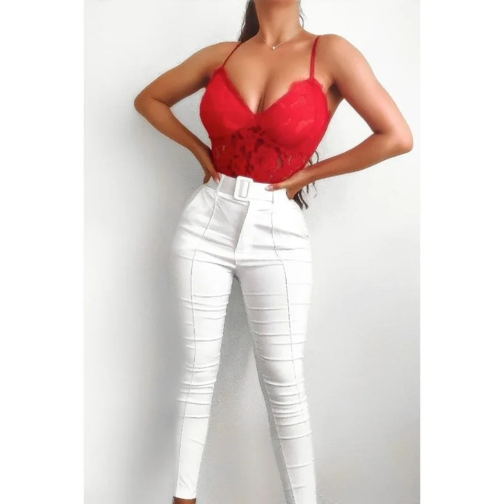 White High Waist Buckle Belt Tapered Cropped Straight Leg Ankle Pants - Picture 6 of 14